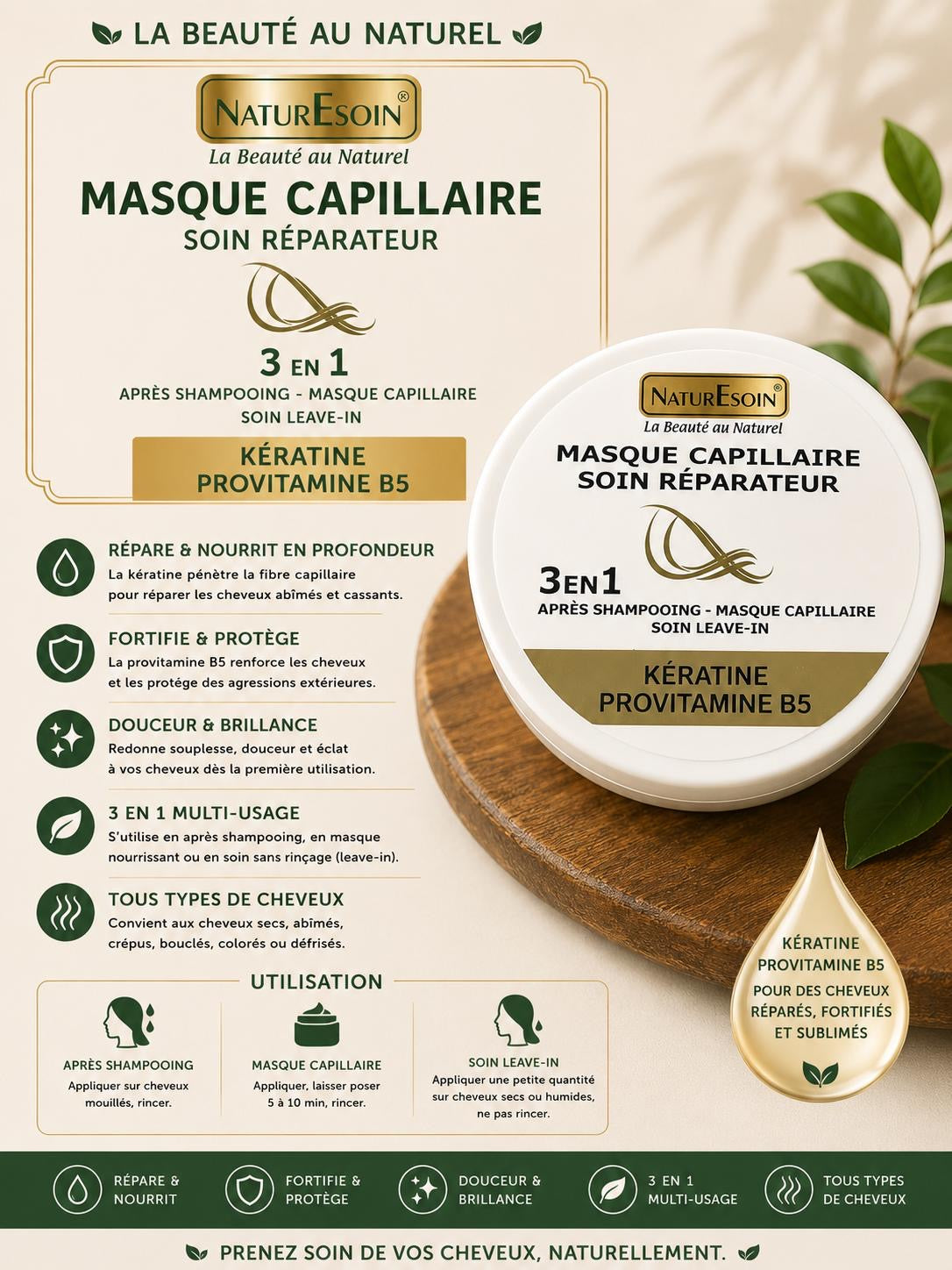 Masque capillaire soin Réparateur en Kératine et Provitamine B5 250ml