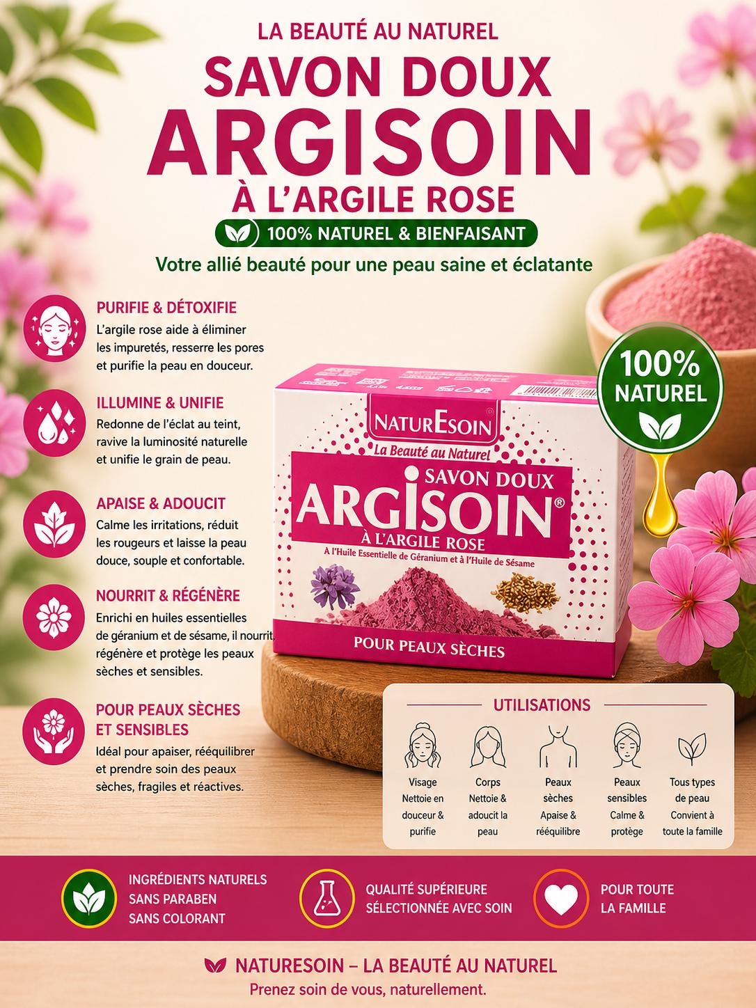 Savon à l'argile rose 125g